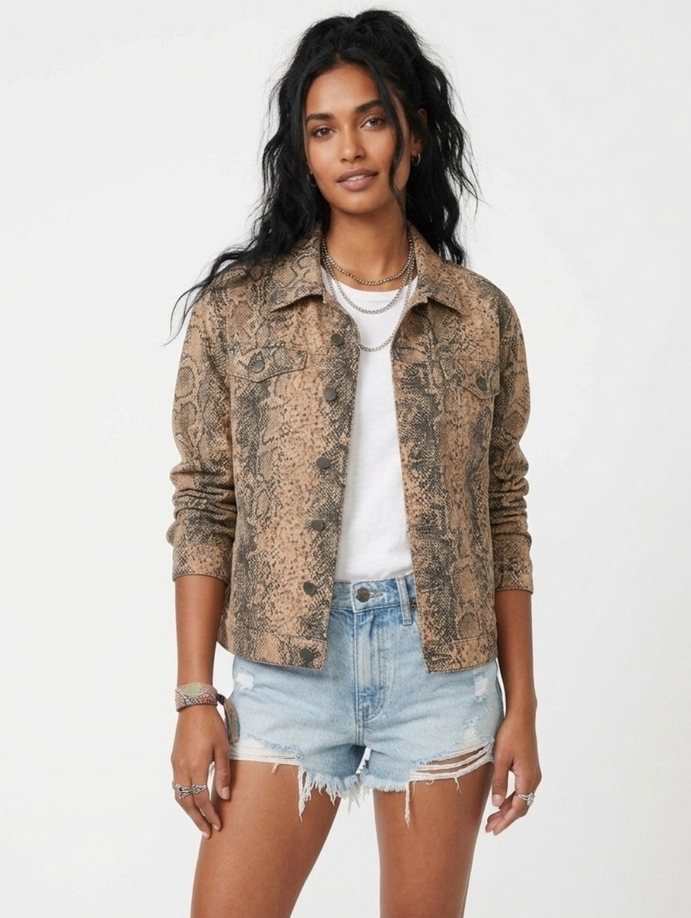 Free People Brown & Black Snake Print Jean Jacket - Small